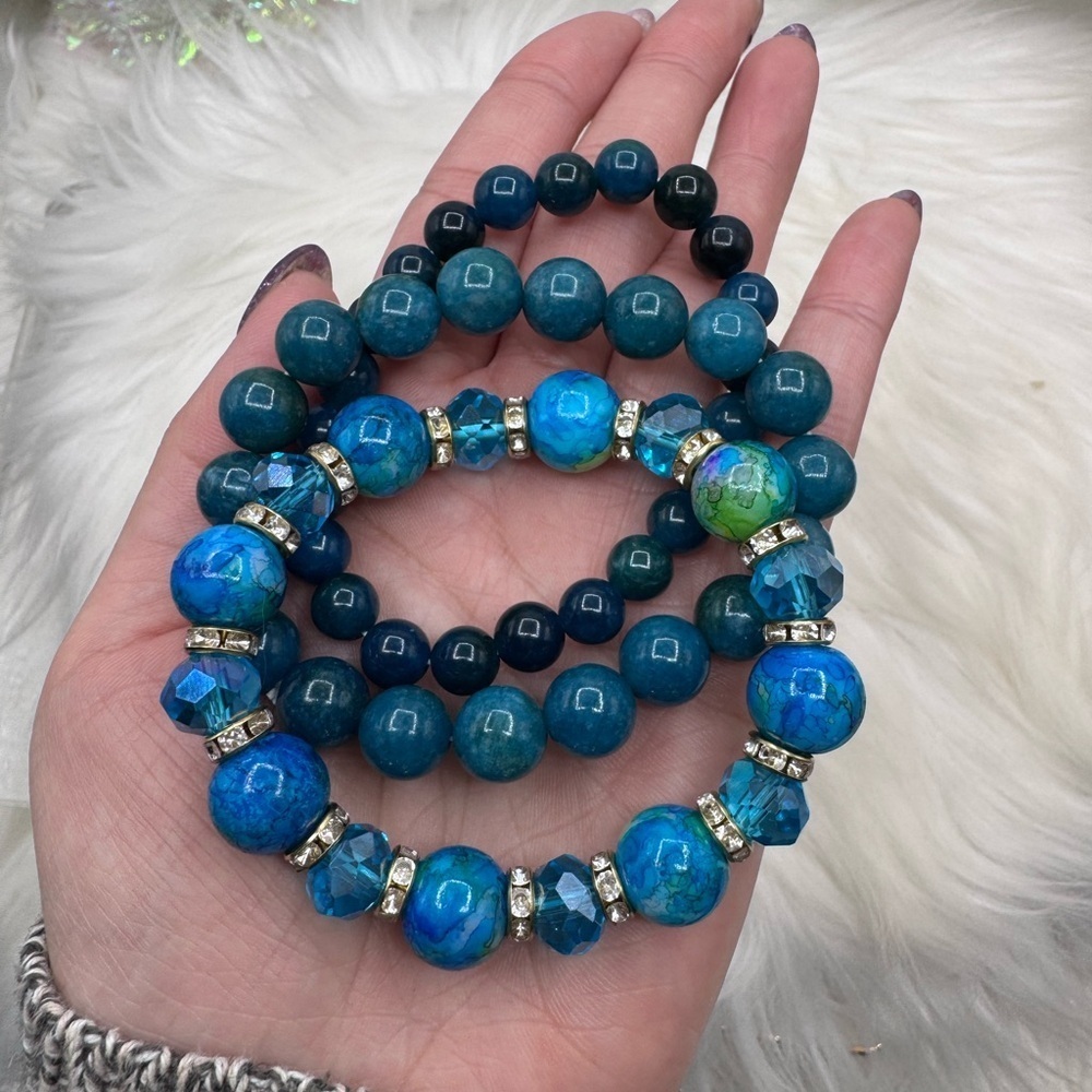 Triple Blue Beaded Bracelet Bundle